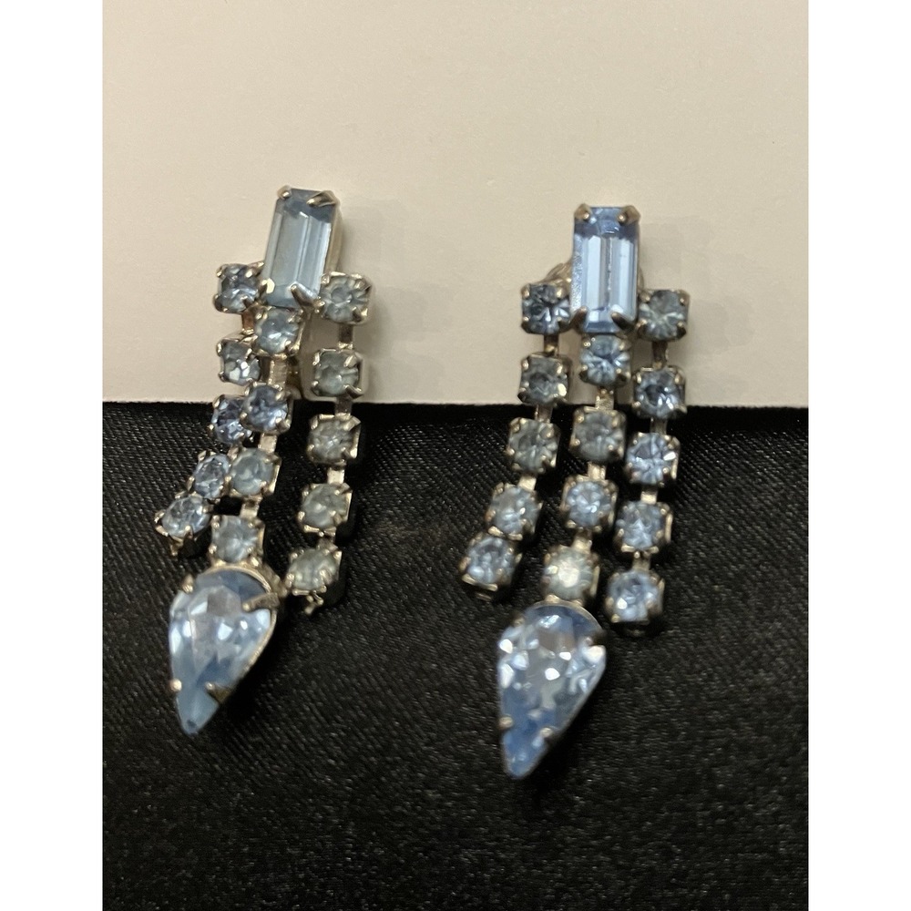 Baguette Blue Crystal Silver Tone Clip On Waterfall Chandelier Vintage Earrings